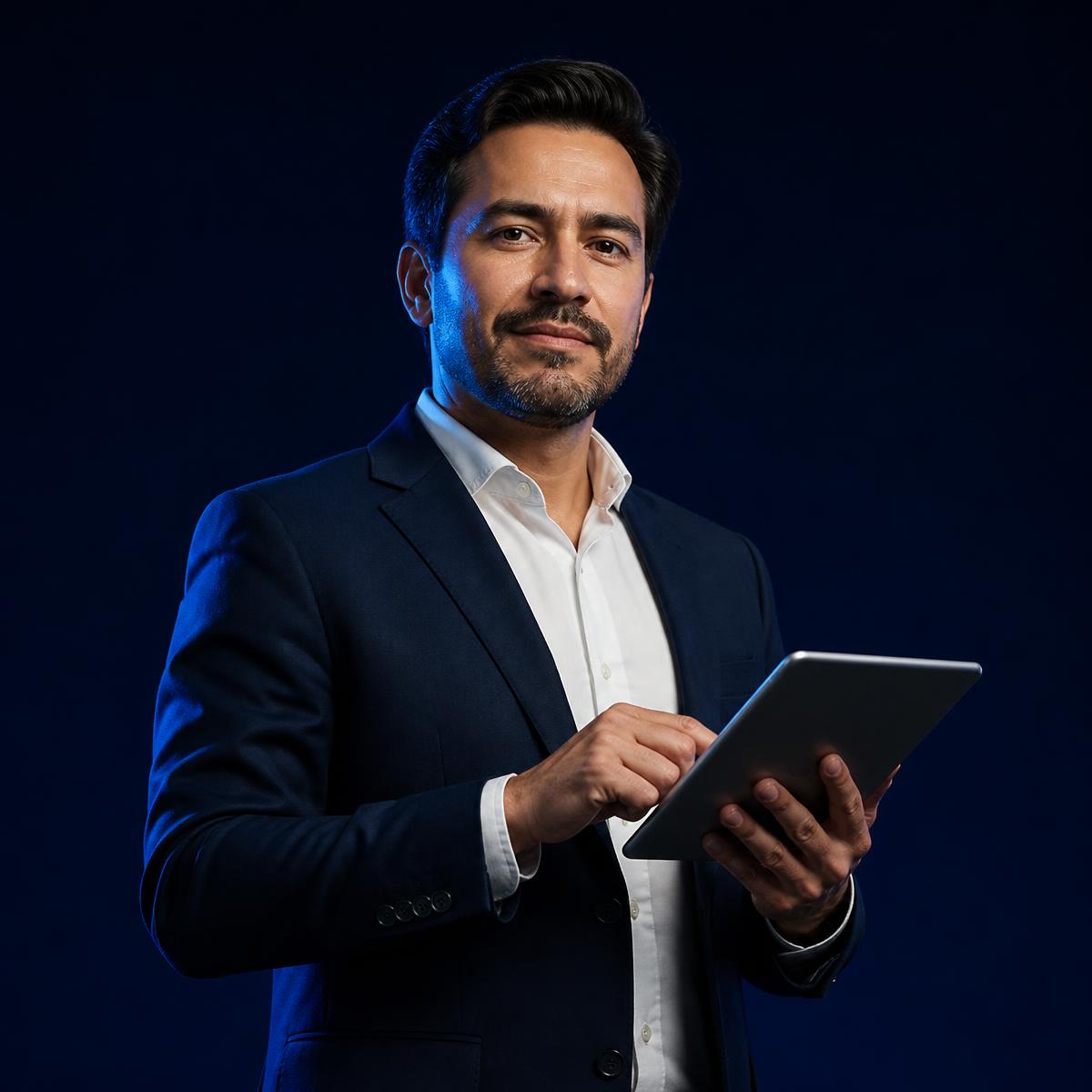 Asesor profesional estudiando en una tableta